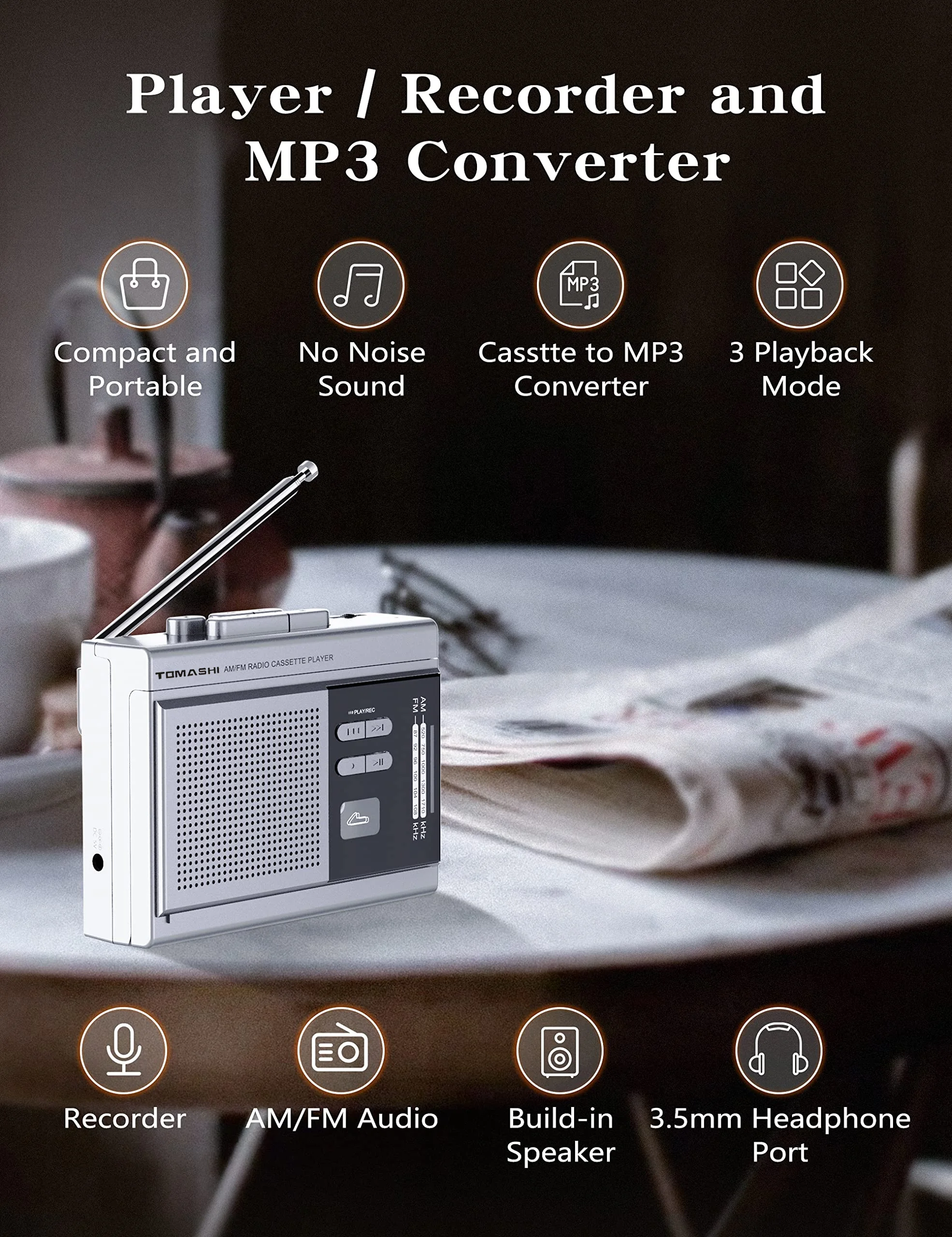TOMASHI Portable Cassette Radio Player Walkman Recorder Tape to MP3 Converter with Built-in Speaker Microphone Support Headphone cassette player music digitizer player
