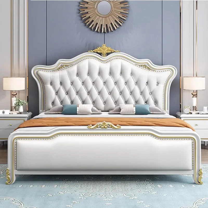 

Royal European Double Bed Designer Whitr Villa Headboard Twin Bed Frame Wood Multifunctional Letto Matrimoniale Furniture