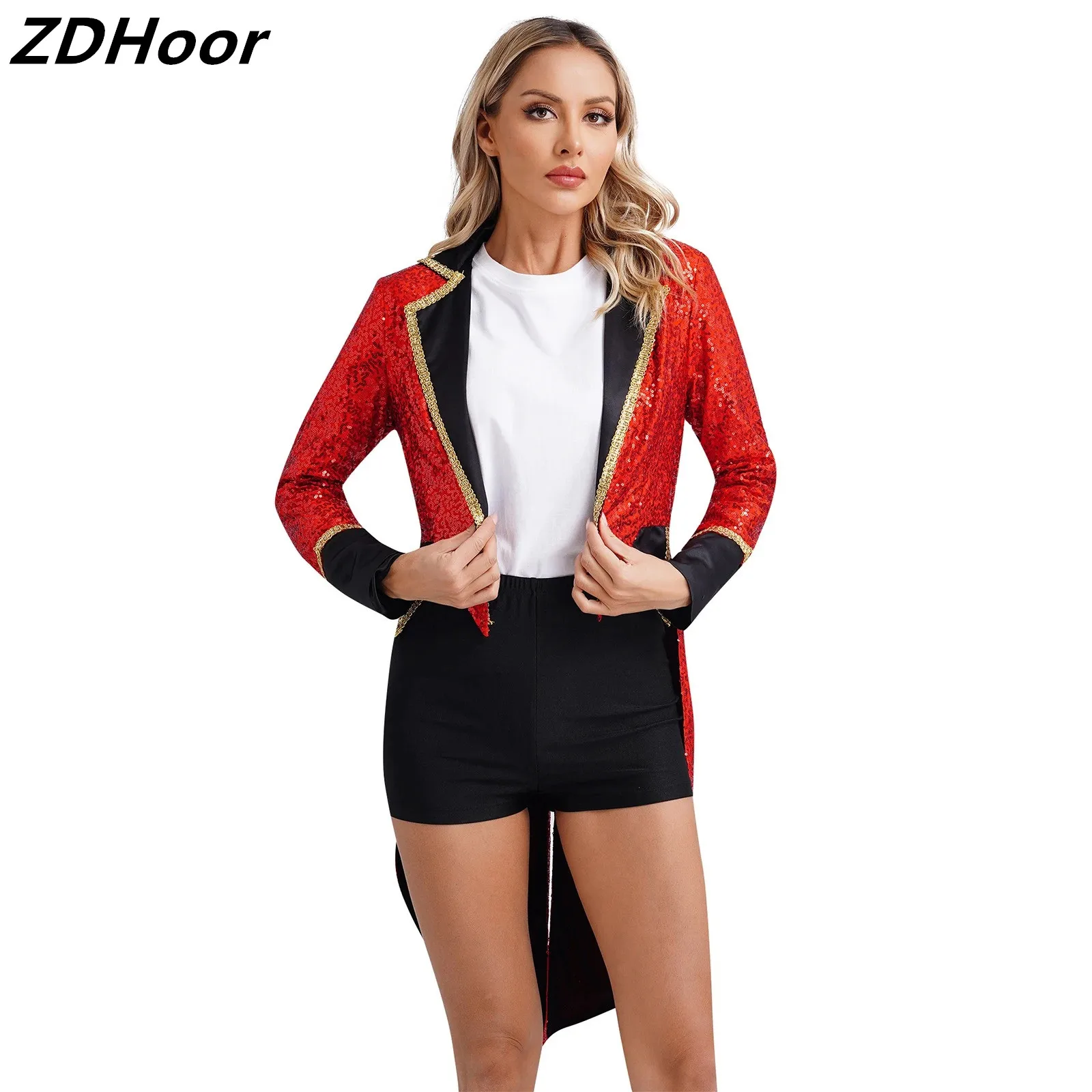 

Womens Halloween Circus Sequin Tailcoat Notch Lapel Long Sleeve Open Front Tuxedo Outerwear Ringmaster Magician Costumes