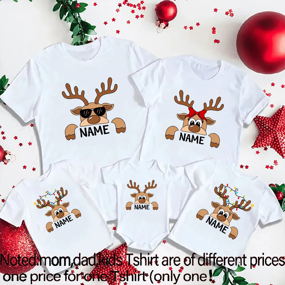 Ropa con nombre de familia personalizada, camiseta familiar de Navidad personalizada, estampado de reno navideño, camiseta para padre, madre e hijos, mameluco para bebé