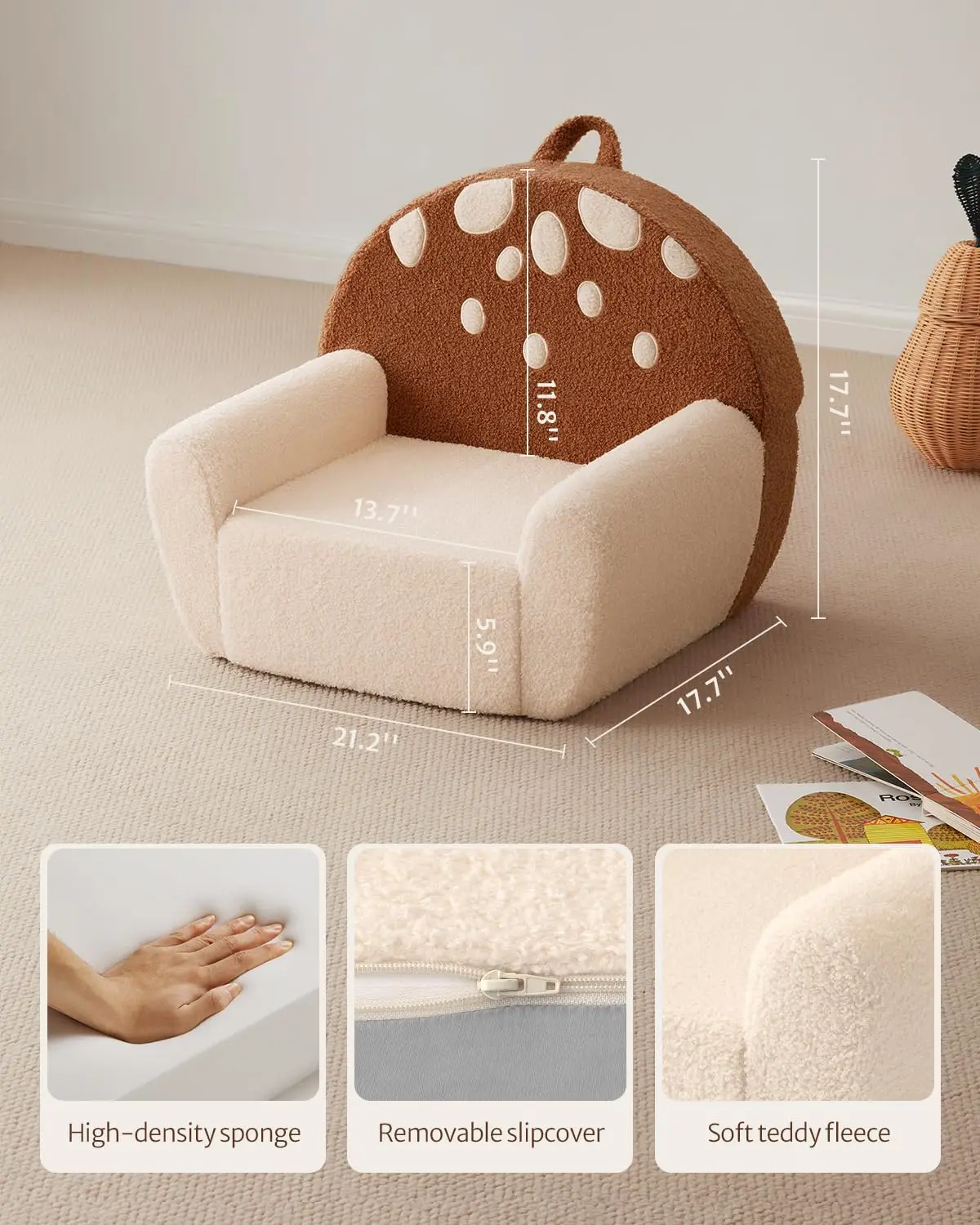 Foam Kids Chair with Soft Teddy Plush, Toddler Reading Armchair with Cute Mushroom Designs- Brown 3