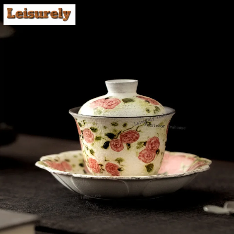 125ML Oil Painting Rose Flower Language Gaiwan Boutique Tea Tureen Tea Bowl with Lid Kit Tea Maker Cover Bowl for Tea Ornaments