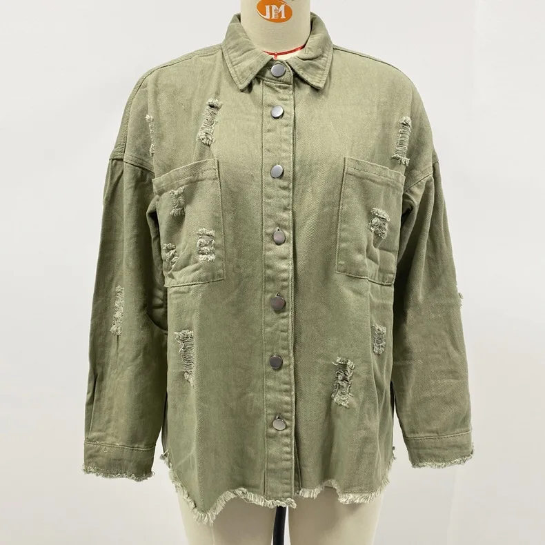 Women Fashion Ripped Denim Jacket Turn Down Collar Long Sleeve Tops Single Breasted Tassels Coat Loose Shirts & Blouses Outwear image