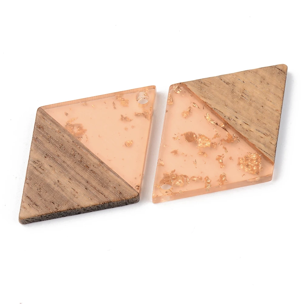 50pcs Rhombus Transparent Resin Walnut Wood Pendants with Gold Color Foil For DIY Earrings Jewelry Making Accessories