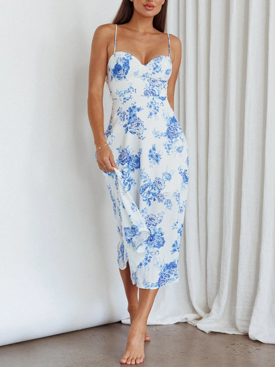 

women dress summer 2023 elegant Blue Flowers Print A-Line Dress Sleeveless Spaghetti Straps Flared Midi Dress vestidos