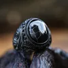 Bagues Vintage en Zircon noir turc pour hommes, faites à la main, rétro, en acier inoxydable, en pierre d'oeil de tigre, bijoux de fiançailles de mariage classiques