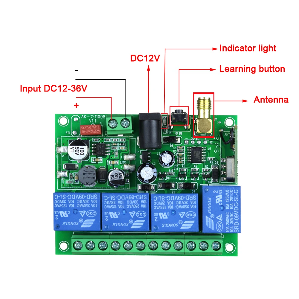 AC100-240V 장거리 무선 리모컨 스위치 라디오 리시버 빨판 안테나, 산업용 조명용, 4CH RF 433MHz, 2000M