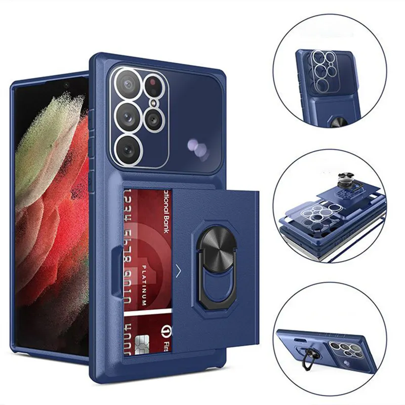 

Shockproof Slide Wallet Card Slot Armor Phone Case For Samsung Galaxy S22 Ultra S23 Plus A72 A53 A52 A33 A12 Magnetic Ring Cover