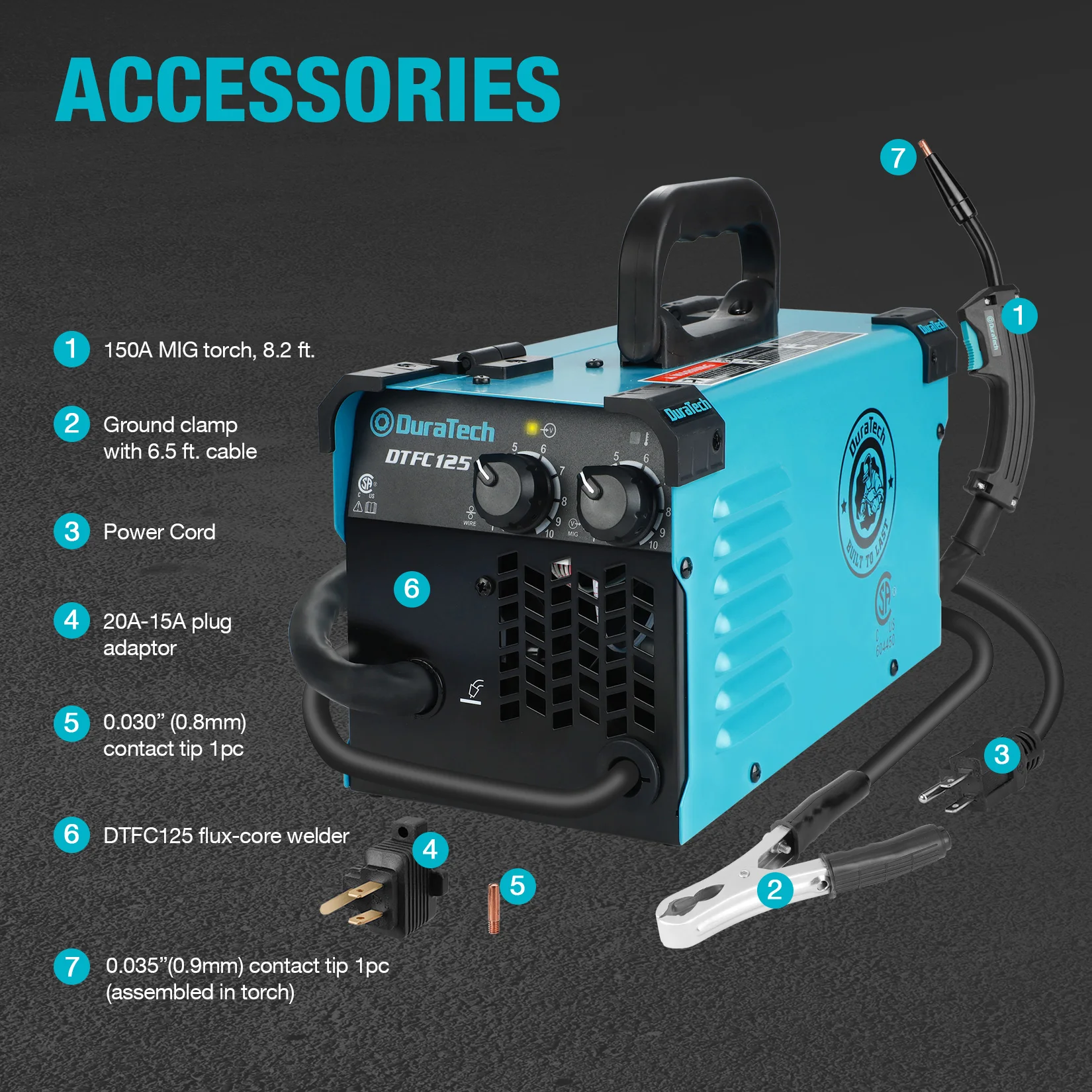DURATECH 125A MIG Welder 120V Flux Core Welder Gasless Welding Kit with Wire Feed, Welding Gun and 15A to 20A Plug Adapter,