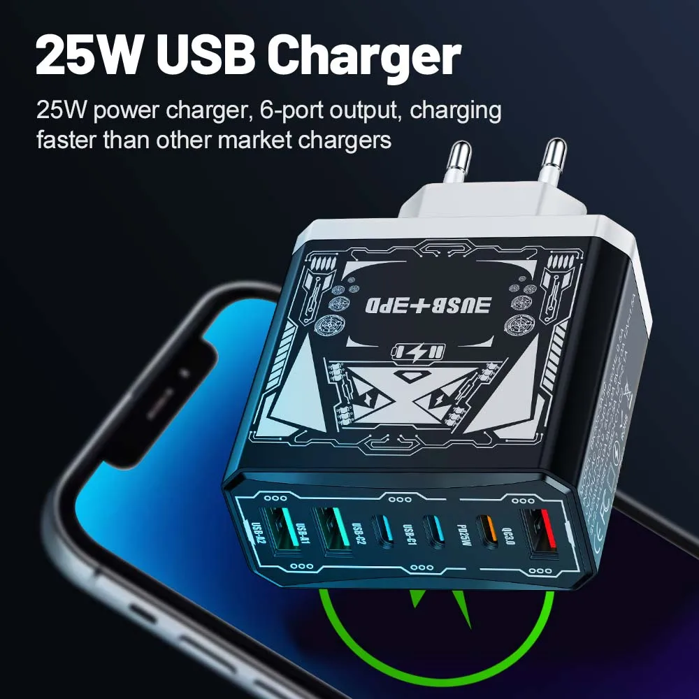 6 in 1 3USB 3PD Charger QC3.0 Fast Charging Quick Charger For iPhone Samsung Xiaomi Mobile Phone Charge Adapter EU/US/UK Plug
