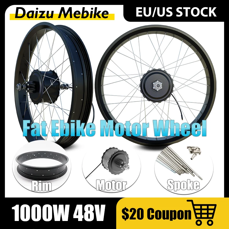 48V 1000W Fatbike Rear Hub Motor Wheel 20*4.0 26*4.0 Fat Tire 20/26inch Rim With Spoke Rear Drive Dropout 170/190mm Snow Bike