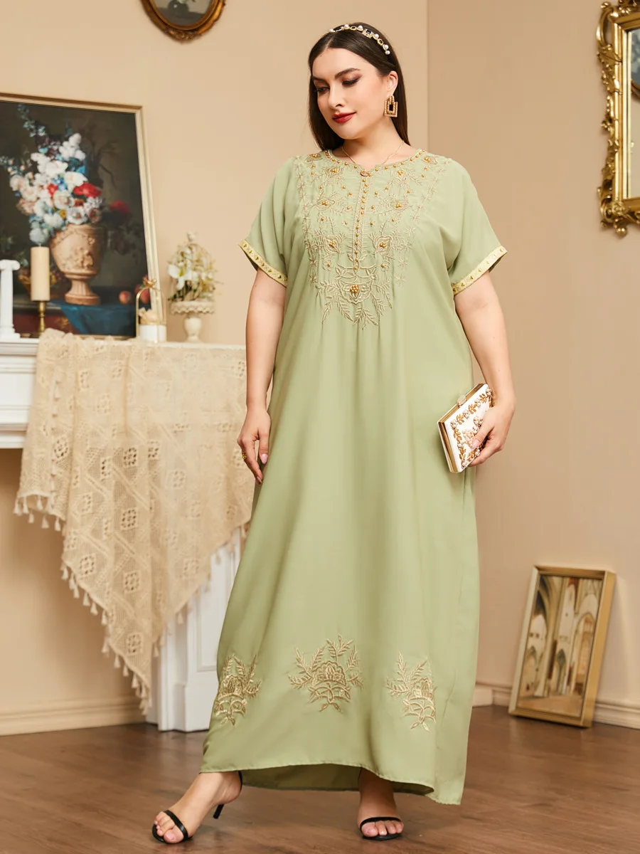 

2023 plus size women clothing women summer dress women Temperament Embroidered Beaded O-Neck Short Sleeve Long Dresses vestidos
