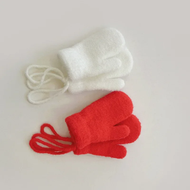 0-4Years Kids Winter Mittens Boys Girls Knitted Gloves Cute Candy Color Children Warm Full Finger Mittens Baby Gloves with Rope 5