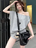 ay Loose ort Sve oulder Bared Women's T-irt Summer Slim Fit Faionable Thin Sle Korean Version Cotton Blend