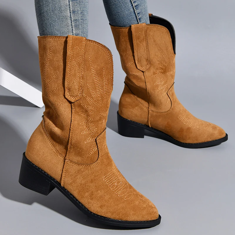 

Western Style Vintage Cowboy Boots for Women Embroidered Thick Heels Knight Boots Woman 2023 Autumn Slip-On Mid Calf Botas Mujer