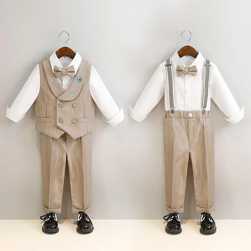 Boys Suit Set Spring Summer Khaki Striped Baby Child Birthday Party Wedding Photography Costume Kids Blazer Vest Pants Clothes