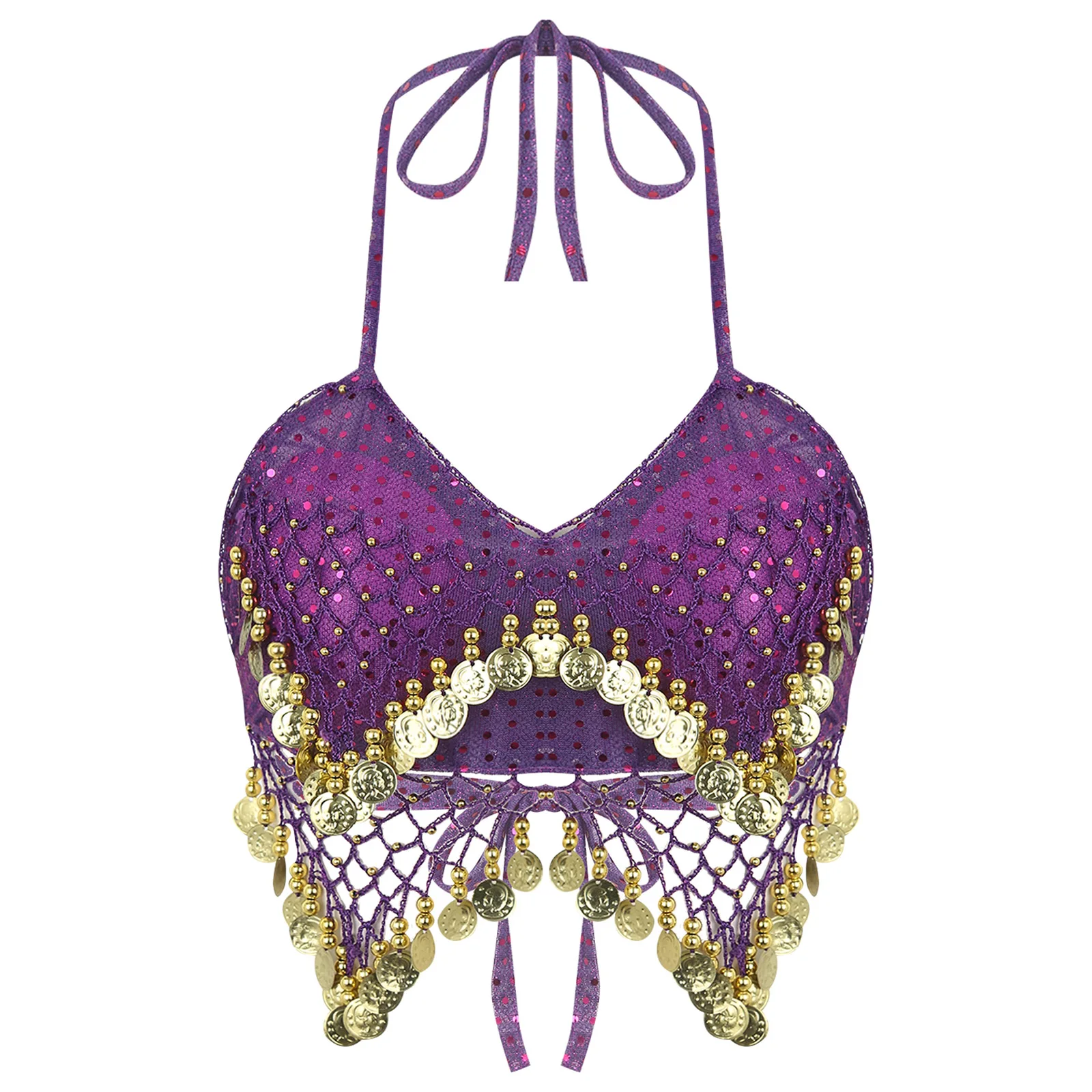 thumbnail image 1 of Top corto para danza del vientre para mujer, traje de actuación de danza del vientre, cuentas de plástico de malla, Top con sujetador Halter de lentejuelas con cordones y borlas nítidas, 1 of 5