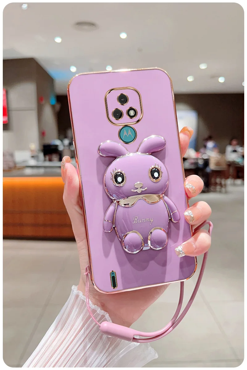 3D Rabbit Astronaut CaseFor Motorola Moto G53 E7 G8 Power G9 Play G50 G20 G30 G60 G82 E20 Edge 20 Folded Bracket Plating_voghion.com