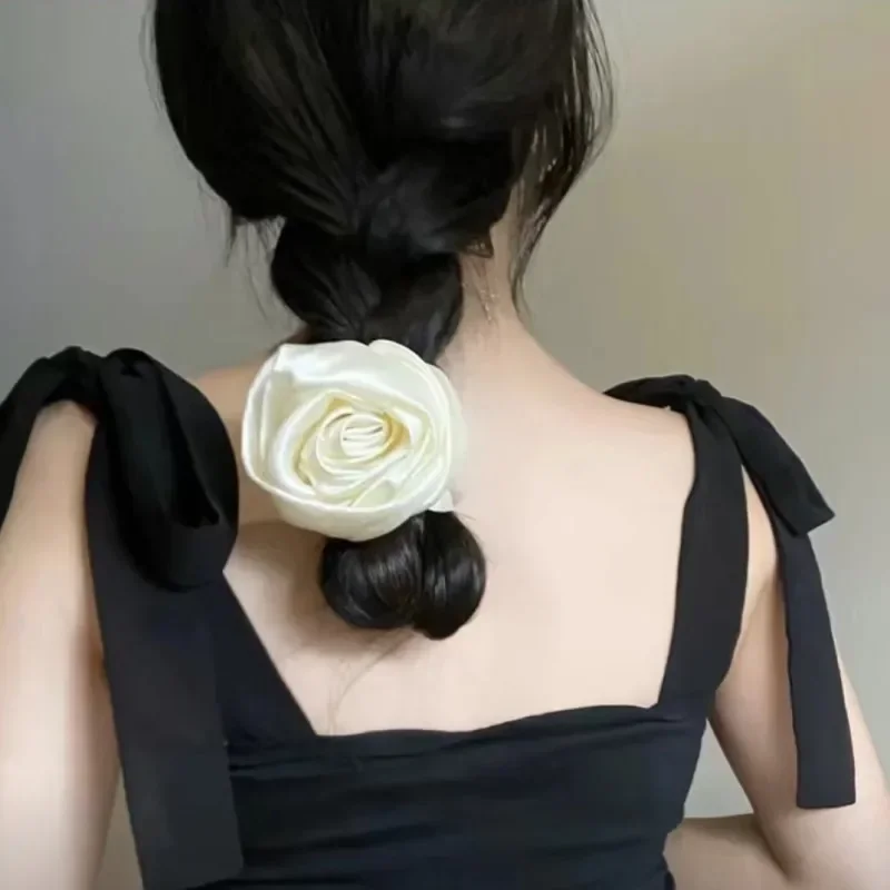 French Style Retro Rose Satin Hair Scrunchie - Artistic Glossy Floral Hair Accessory