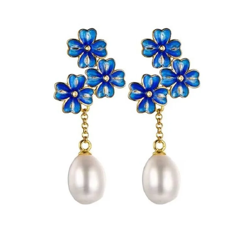 

YAFFIL Fashion Fresh Blue Enamel Osmanthus Fragrans Beautiful Long Wear Pearl Quality Earrings