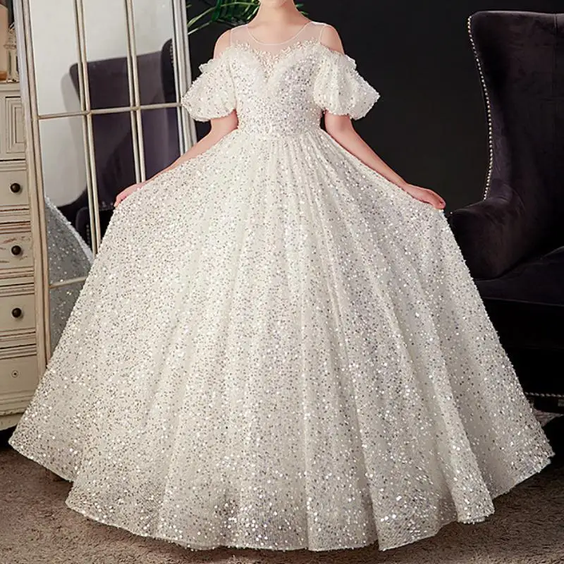 

Elegant Shinny Sequined Flower Girl Dresses For Wedding 2024 O- Neck Zipper Ball Gown Kids Prom Birthday Party Gown Communion