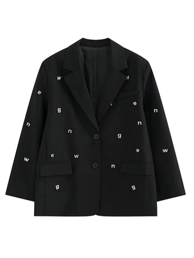 UCXQ Temperament Notched Collar Diamond Letter Spliced Blazer Jacket For Women Casual Loose Suits Coats 2024 Autumn New 23A4591