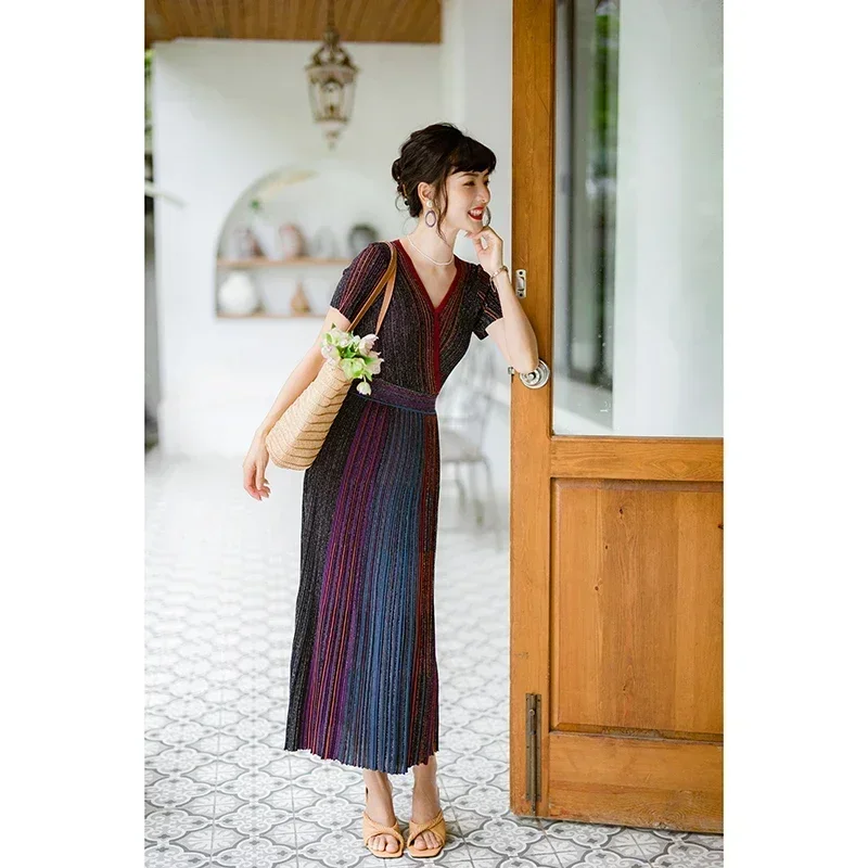 

Slim Temperament Rainbow Collision Color V-neck Slim Elegant Thin Section Open Gold Line Women's Dress Casual Commuter Long Jupe