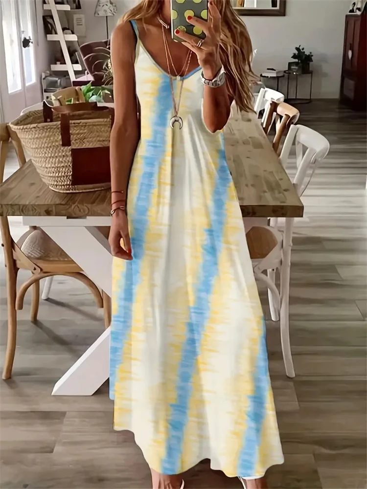 thumbnail image 1 of Nuevos vestidos de verano sin mangas con cuello halter para mujer, vestidos sexis con tirantes finos y estampado tie-dye, vestidos largos para vacaciones en la playa en Hawái 2024., 1 of 5
