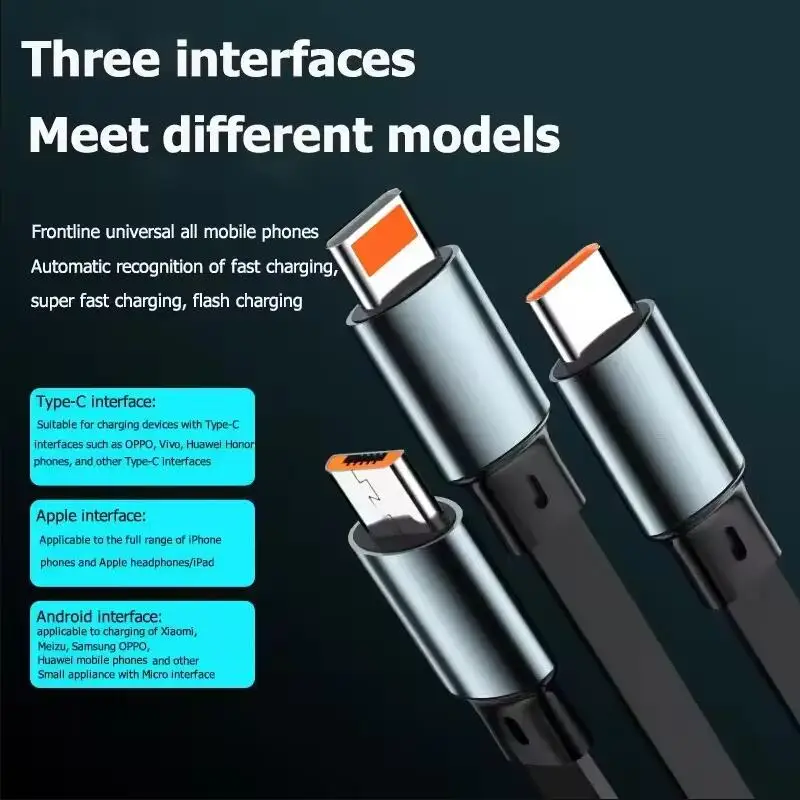 100w 3-in-1 Fast Charging Cable Type C Micro USB Cord for iPhone Xiaomi Samsung Huawei Phone Charger Wire Extendable Line Tablet