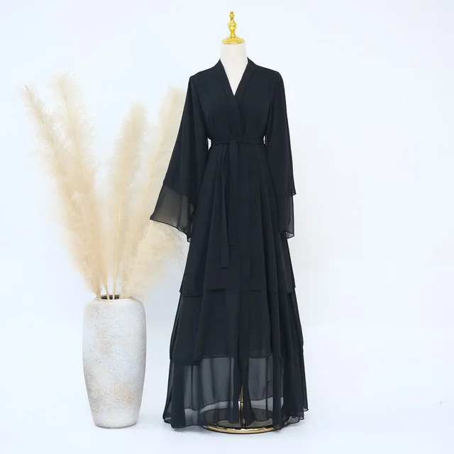 Mousseline de soie Abaya Kimono dubaï musulman Cardigan couches Abayas femmes Robe décontractée femme Islam vêtements avec ceinture Abaya tenues arabes