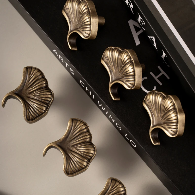 solid brass ginkgo leaf cabinet knob antique finish