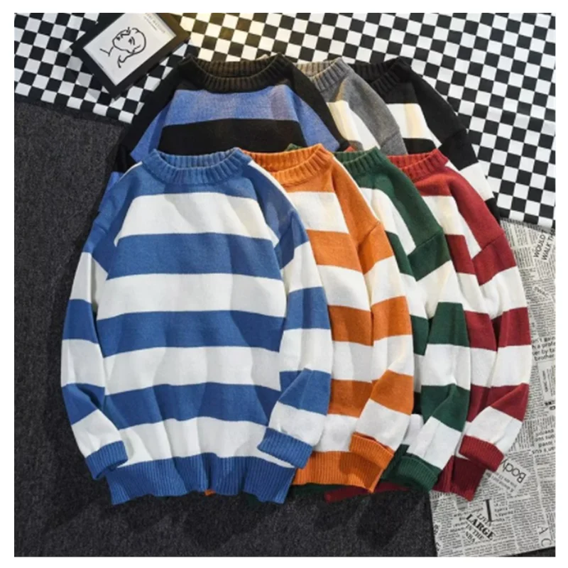 Japanese Striped Sweater For Men's Autumn And Winter Outerwear Lazy Style Thickened Vintage Long Sleeved Sweater K0002