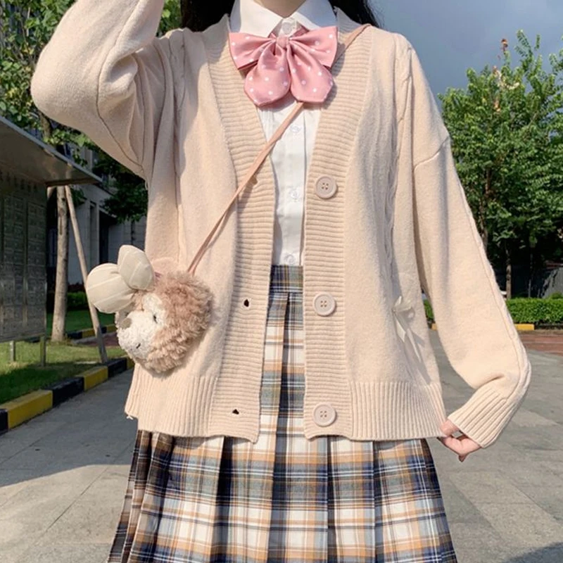 

2023 Fashion Knitted Cardigan Preppy Style Sweater Women Bow Tie Sweetheart JK Outerwear Coat Autumn Casual Loose Sweaters 29291