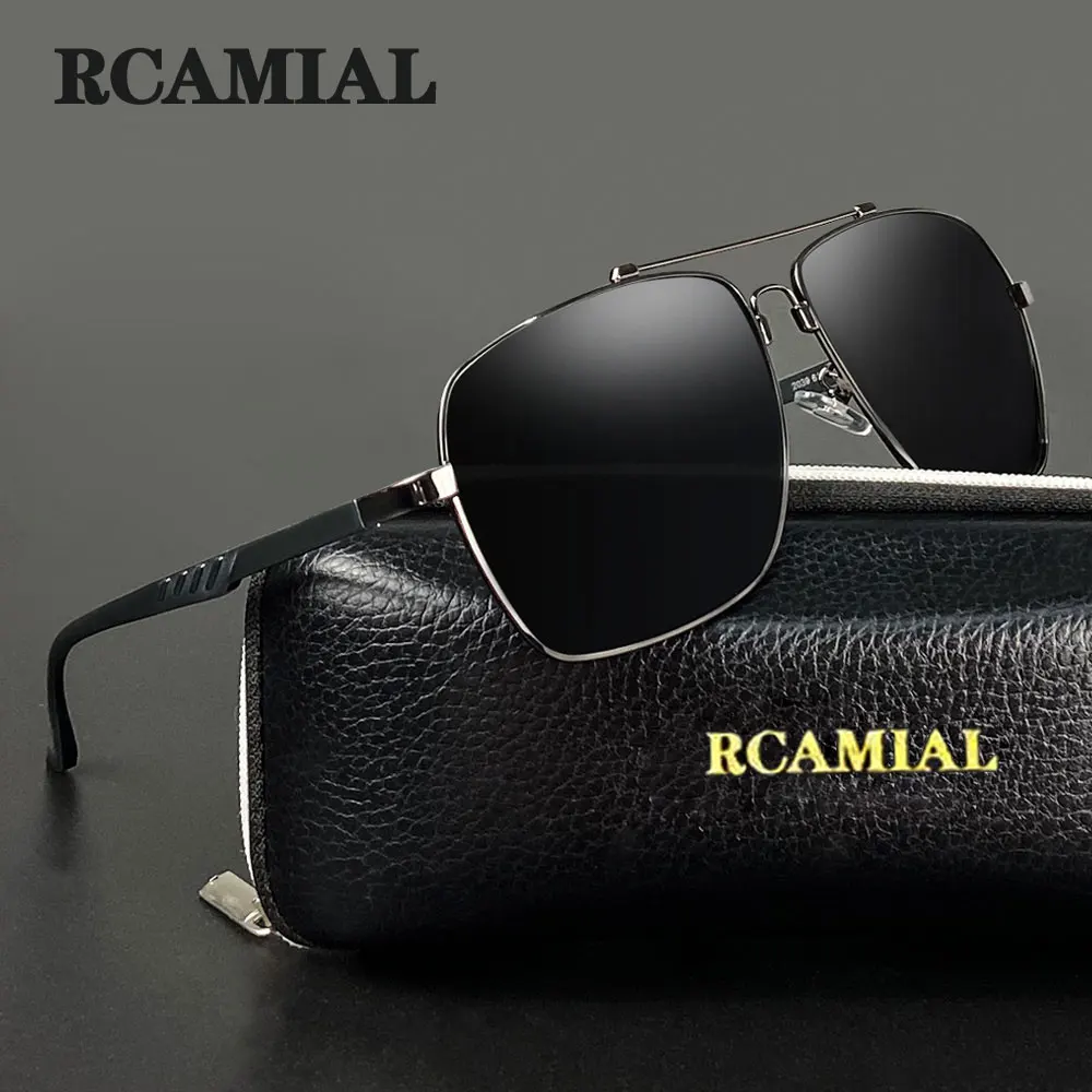 

RCAMIAL Polarized Sunglasses Men UV400 Anti-Glare Lens Aluminium Magnesium Square Frame Vintage Sun Glasses For Driving Fishing