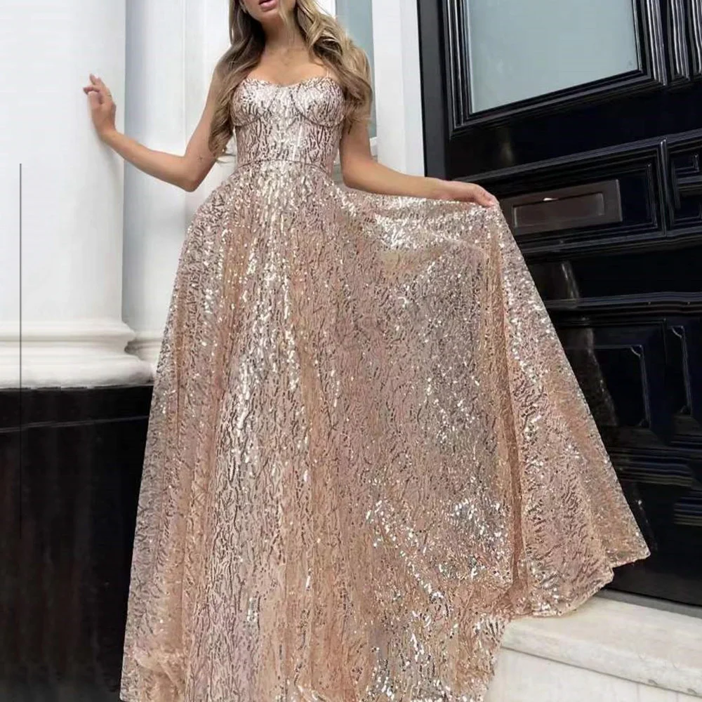 

A-Line Sweetheart Spaghetti Strap Sleeveless Sequined Woman Formal Evening Prom Dresses Wedding Guests2023