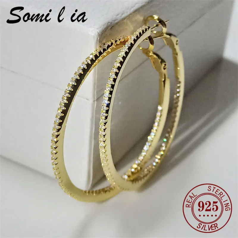SOMILIA  18K Gold Plate Large Hoop Earrings 925 Sterling Silver Simple Classic Women\'s Earring Cерьги Kольца Jewelry for ladys