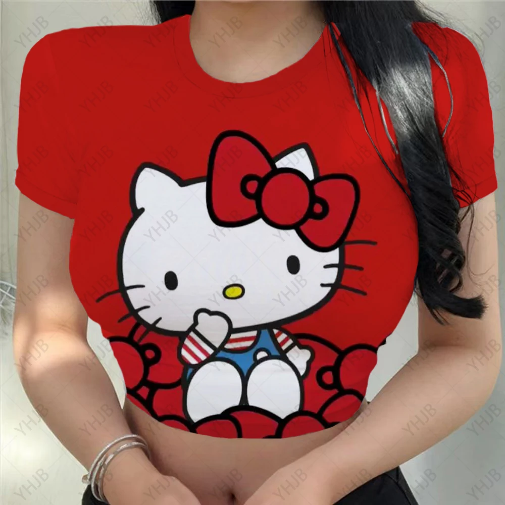 

Женский облегающий Топ Y2K с принтом Hello Kitty, короткий топ с круглым вырезом в стиле Харадзюку, Готическая детская футболка, крутая уличная мода 2024