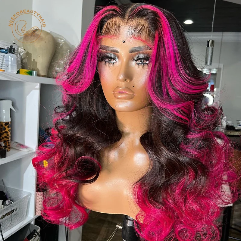 Transparent Lace Frontal Wigs Sparkle Hot Pink Black Highlight Wavy Hair 13X4 Lace Front Wig Colored Human Hair Wigs For Women