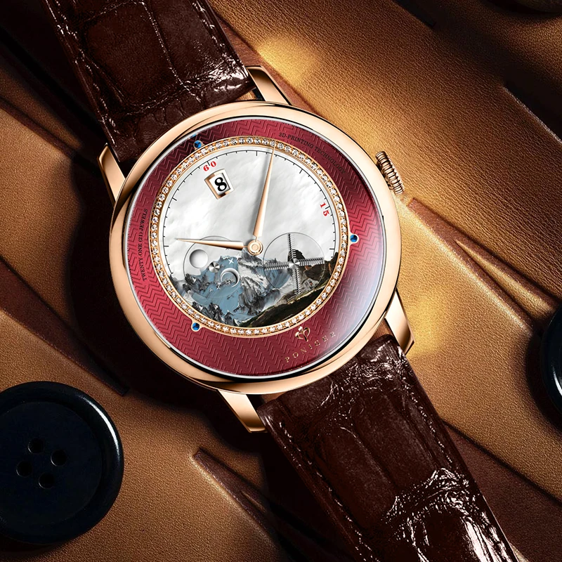 Poniger Men's Automatic Mechanical Watch-Luxury Waterproof Leather Strap Fashion Dress Wristwatch for Males