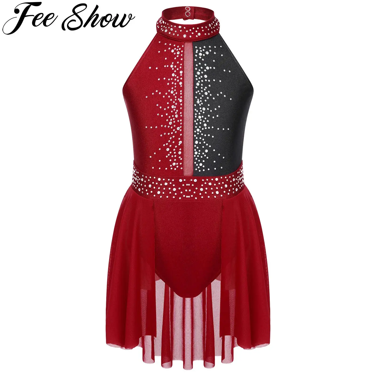 

Kids Shiny Rhinestone Halter Backless Ballet Gymnastics Leotard Dress Girls Figure Ice Skating Dress Competition Dance Costume