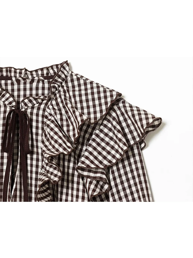 Elegant Women Fashion Plaid Ruffles Shirt Spring Ruffled Neck Long Sleeve Loose Tops Fashion Casual Pullover Women's Clothing