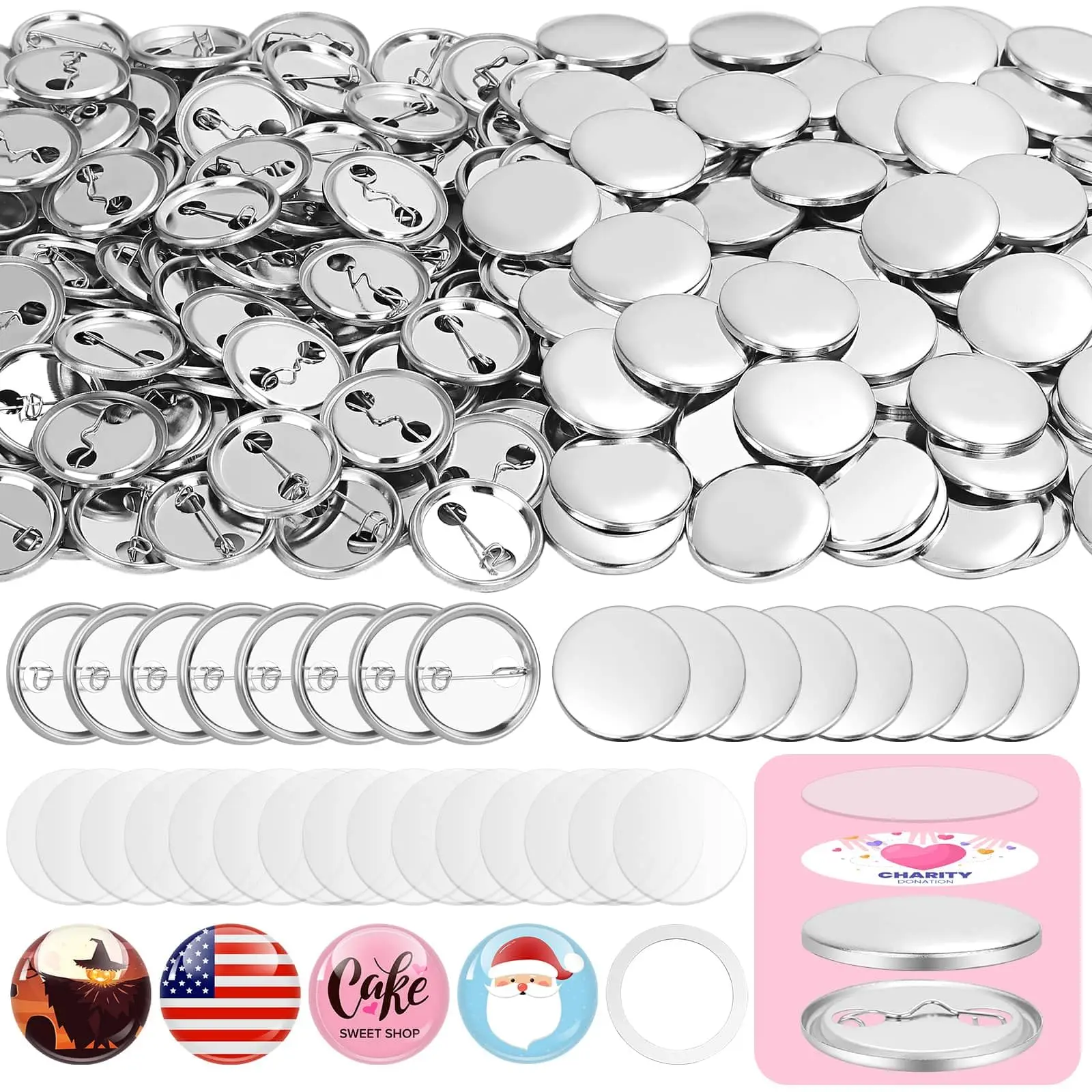 Badge Parts Button Making Supplies 100 Pieces Blank Button Making Supplies 25-75mm Round Badge Button Parts Include Metal Shells Back Cover Clear Film Components