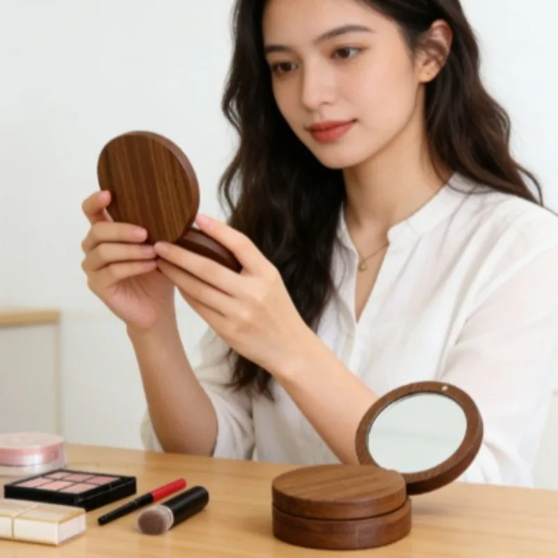 미니 블랙 월넛 우드 메이크업 거울 접이식 회전식 화장 거울 마그네틱 클로저 핸드헬드 컴팩트 포켓 거울