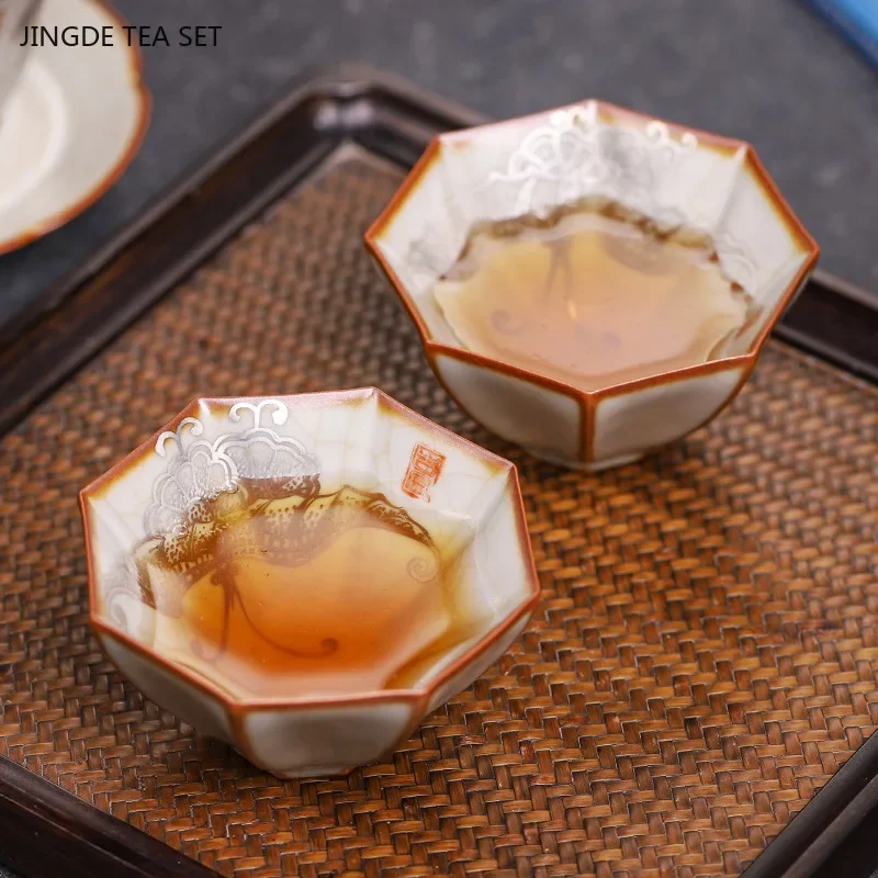 1PCS ceramic sky blue Ru kiln master cup new Chinese style tea tasting single silver hand-painted ceramic tea set