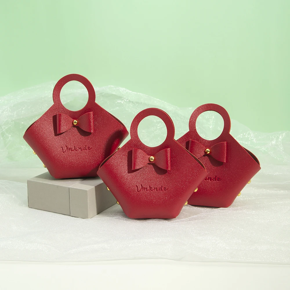 Red PU Leather Christmas Gift Bag Wedding Candy Storage Jewelry Handbag Cosmetics Bowknot Buckle Party Banquet Decoration Pouch