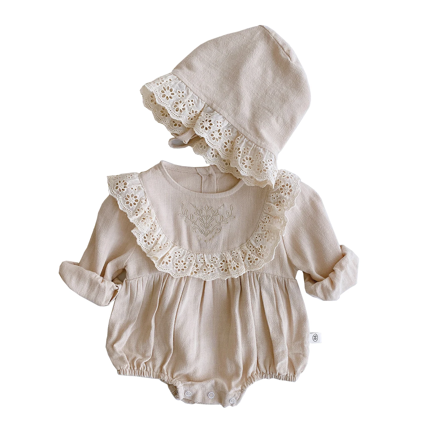 Spring Baby Girl Romper+Hat Bodysuit Outfits Long Sleeve 2Pcs Outfits Cotton Linen Lace Ruffles Girls Kids Clothing 0-24M
