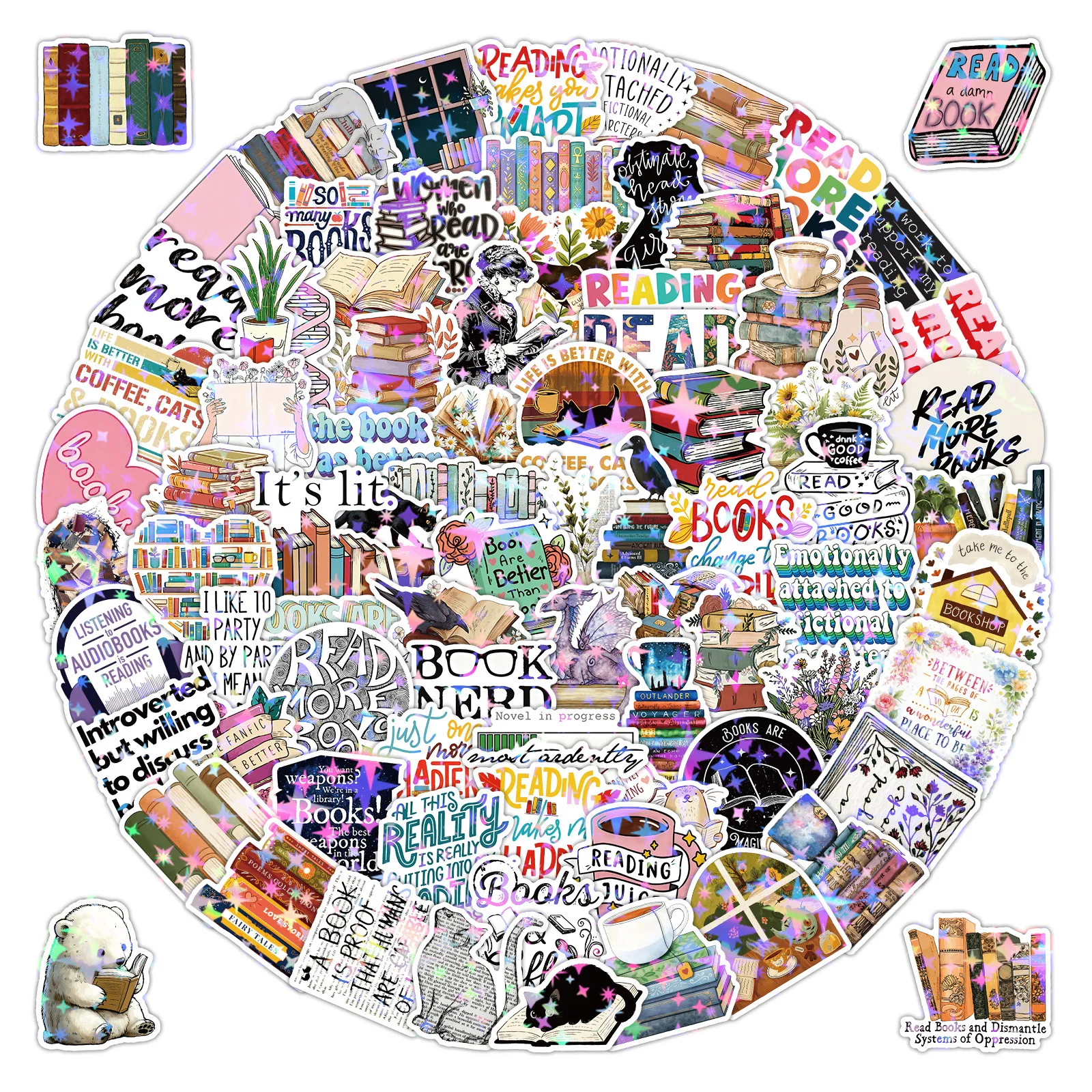 100PCS 독서 스티커 홀로그램 독서 그래피티 스티커 DIY 일기 전화 케이스 수제 스크랩북 미적 스티커
