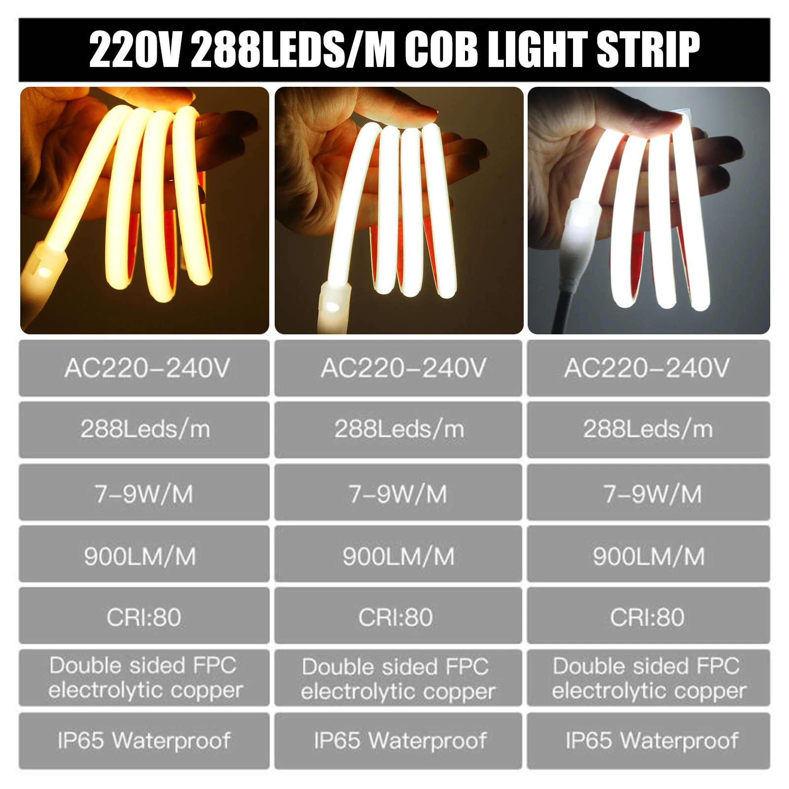 220V Dimmable COB LED Neon Strip Light 288Leds/M IP67 With Switch/Dimmer EU Plug Flexible Adhesive Tape for Home Garden Lighting 6