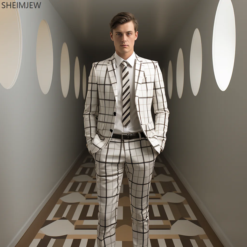Check Stripe Print Men Casual Suit Everyday Classic Business Jacket Pants Simple Premium Suits Two Piece Set Formal Dress
