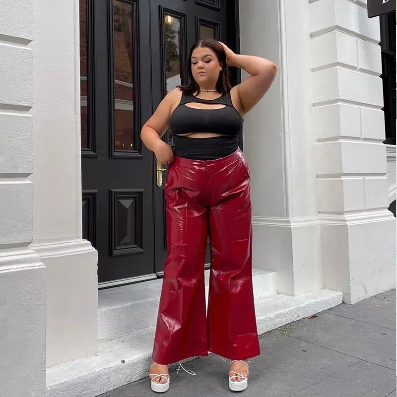 Plus Size Women Shiny Patent Leather Trousers 7XL High Waist Faux Latex Straight Pants 8XL with Pocket Flare Pants 9XL Clubwear sexy see through shiny pants women high waist streetwear flare pants elastic females party clubwear fashion bodycon trousers